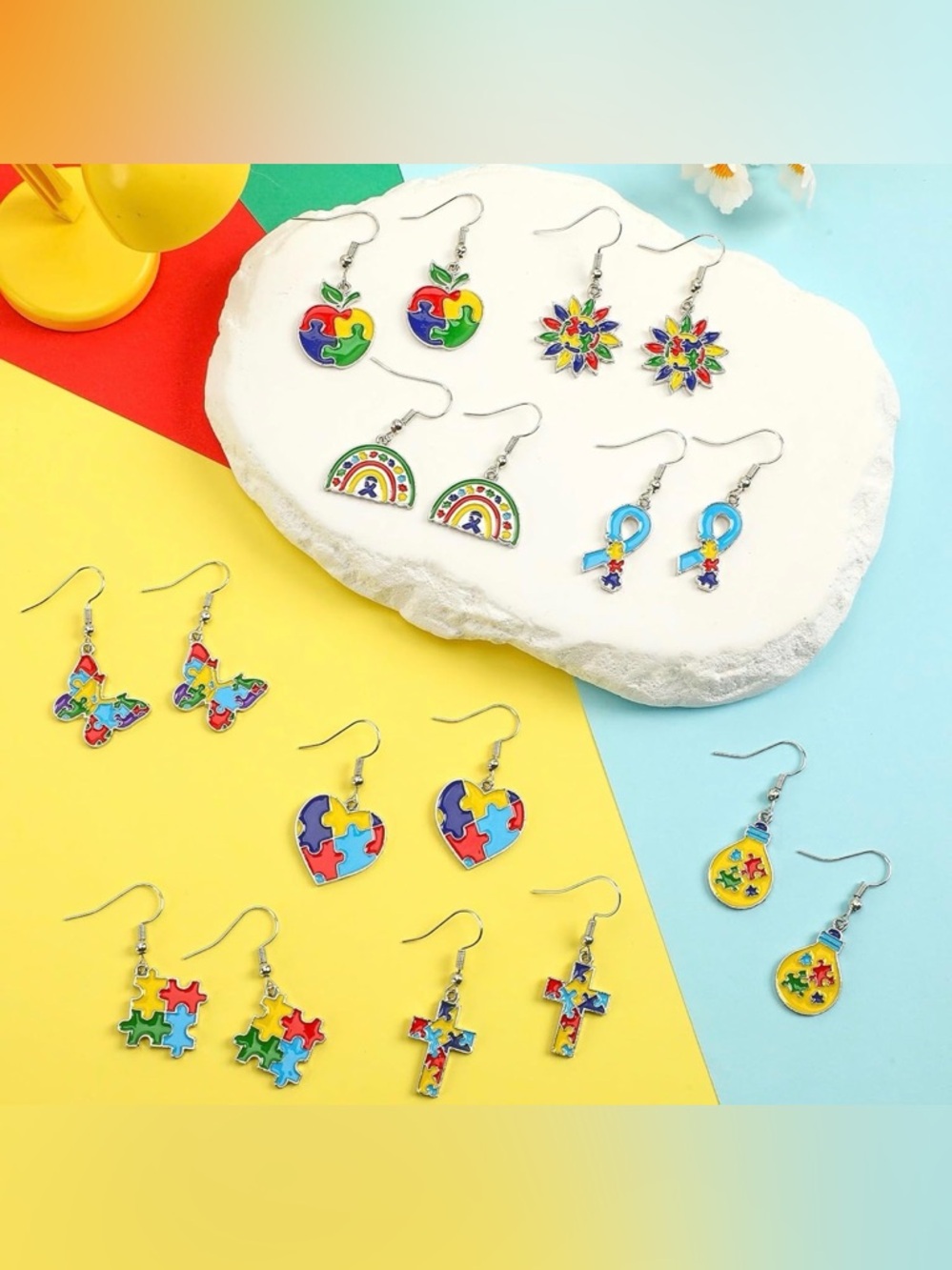 Colorful Puzzle Piece Earrings— Rainbow Autism Awareness Designs